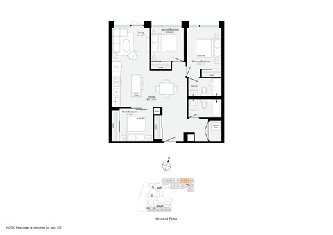 Floor plan for 3 beds, 2 baths, 985 sqft